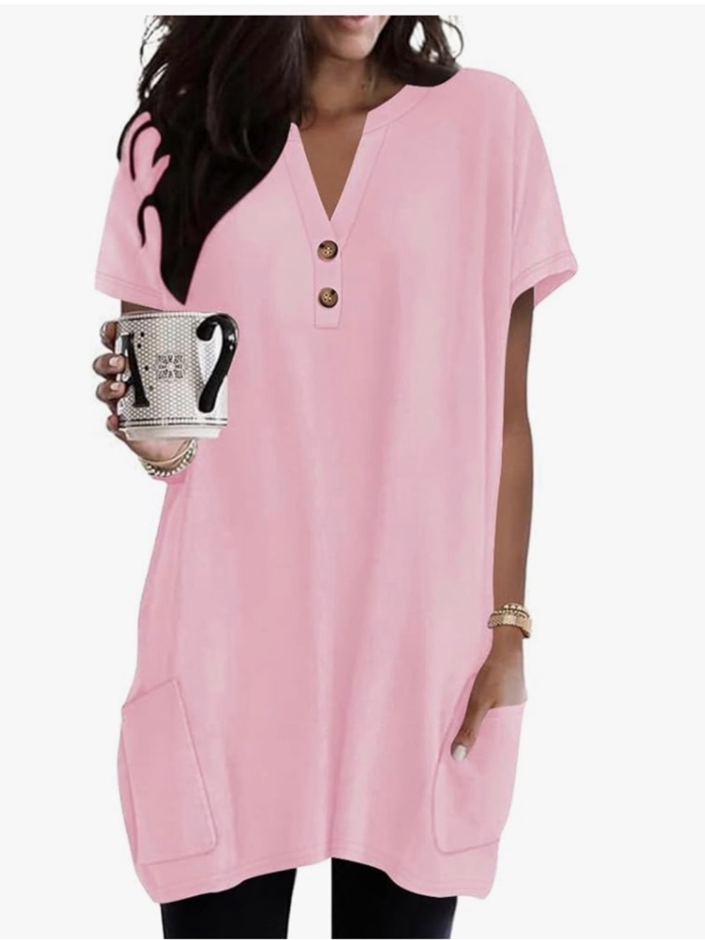 NET Casual Pink V-Neck Button Pocket Tunic Top-S